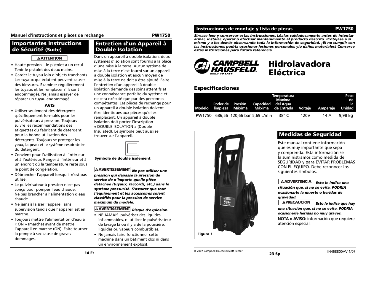 Hidrolavadora eléctrica, Especificaciones, Medidas de seguridad | Importantes instructions de sécurité, Entretien d’un appareil à double isolation | Campbell Hausfeld pw1750 User Manual | Page 14 / 18