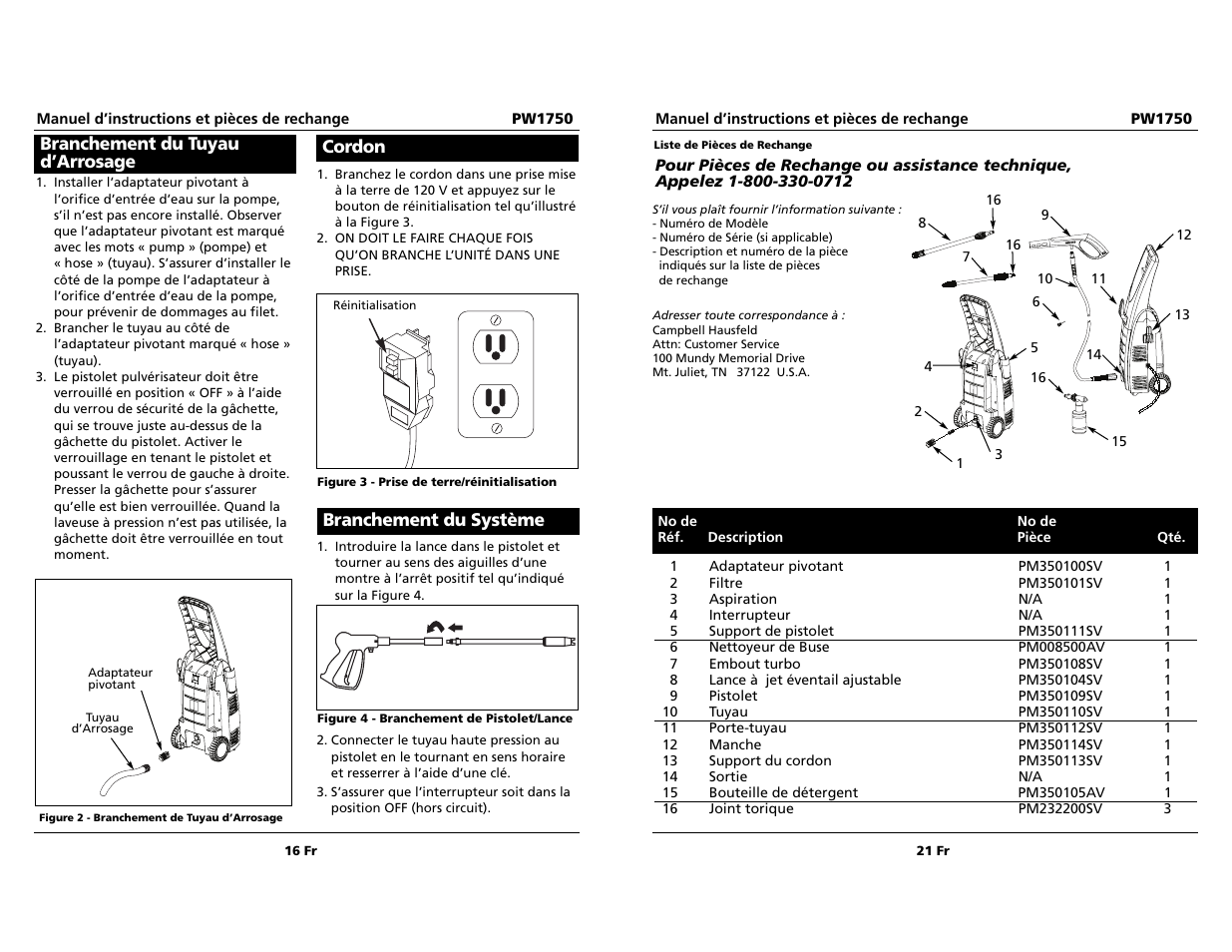 Branchement du tuyau d’arrosage, Cordon, Branchement du système | Campbell Hausfeld pw1750 User Manual | Page 16 / 18