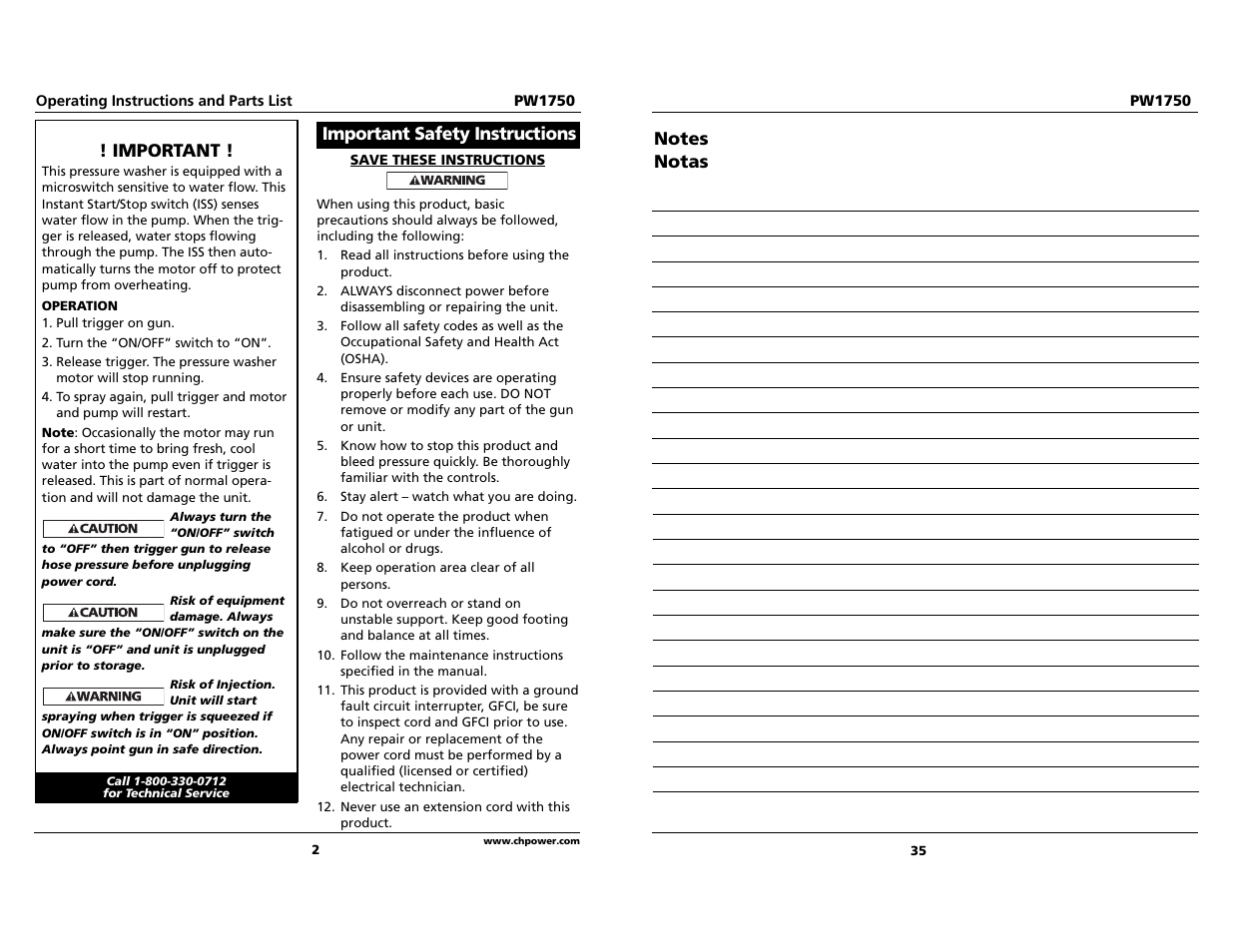 Important safety instructions ! important | Campbell Hausfeld pw1750 User Manual | Page 2 / 18