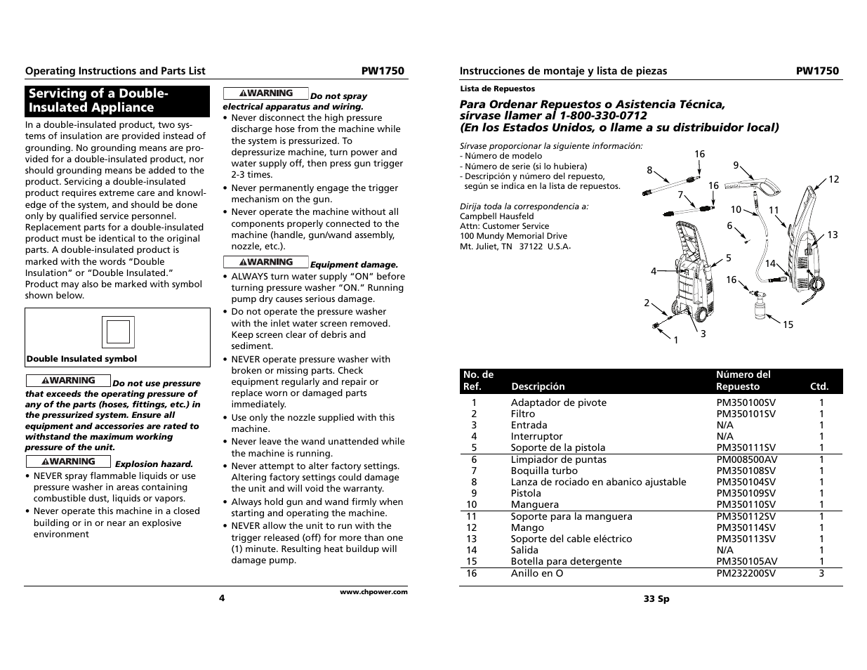 Servicing of a double- insulated appliance | Campbell Hausfeld pw1750 User Manual | Page 4 / 18