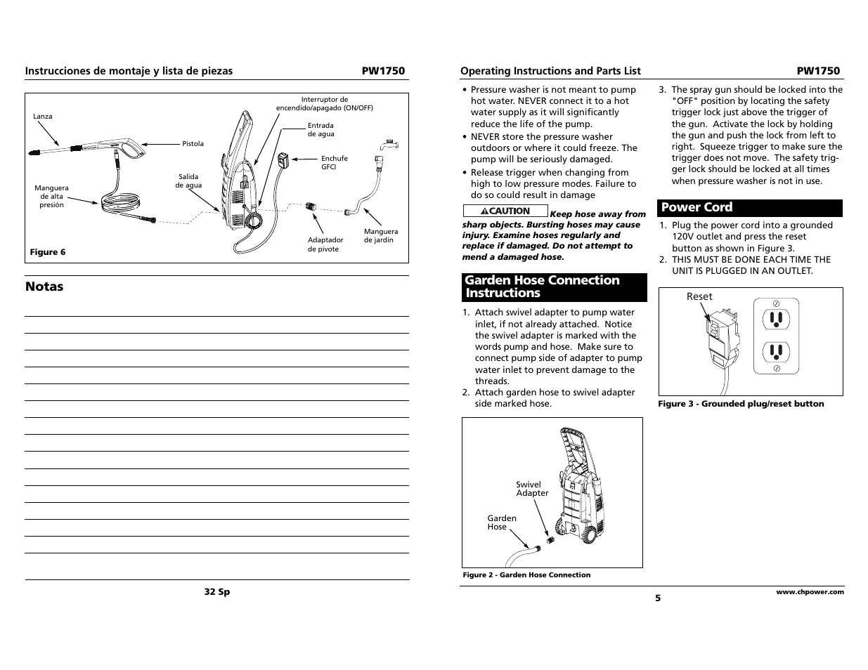 Notas, Garden hose connection instructions, Power cord | Campbell Hausfeld pw1750 User Manual | Page 5 / 18