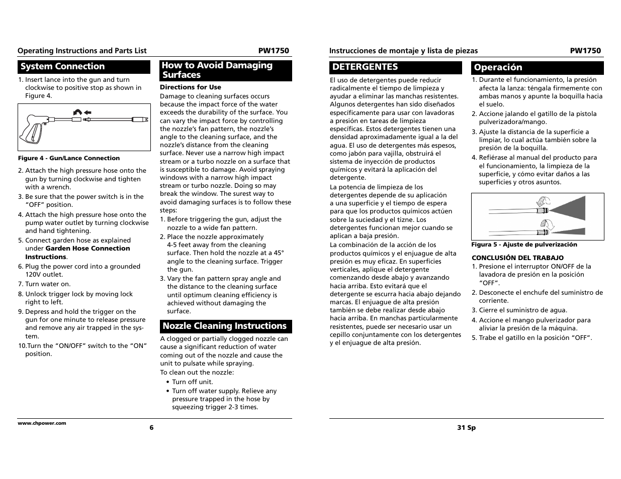 Detergentes, Operación, System connection | Campbell Hausfeld pw1750 User Manual | Page 6 / 18