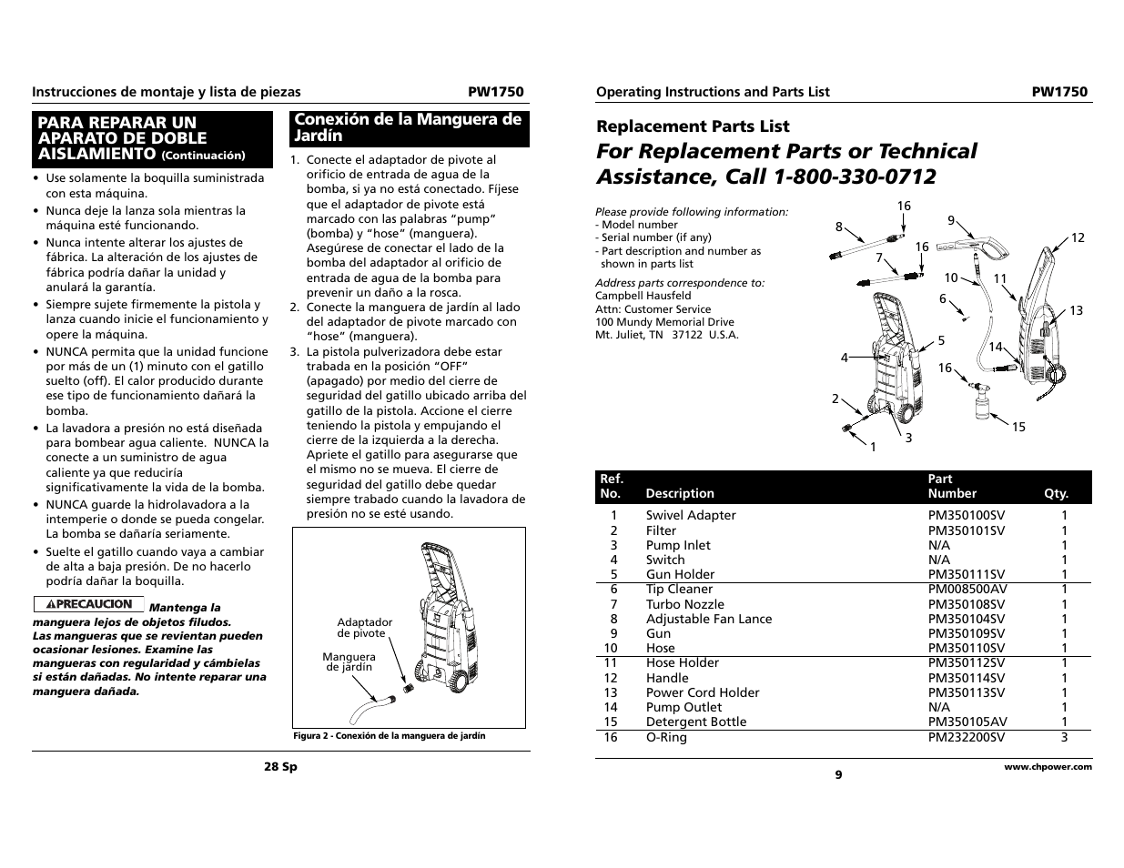 Para reparar un aparato de doble aislamiento, Conexión de la manguera de jardín, Replacement parts list | Campbell Hausfeld pw1750 User Manual | Page 9 / 18