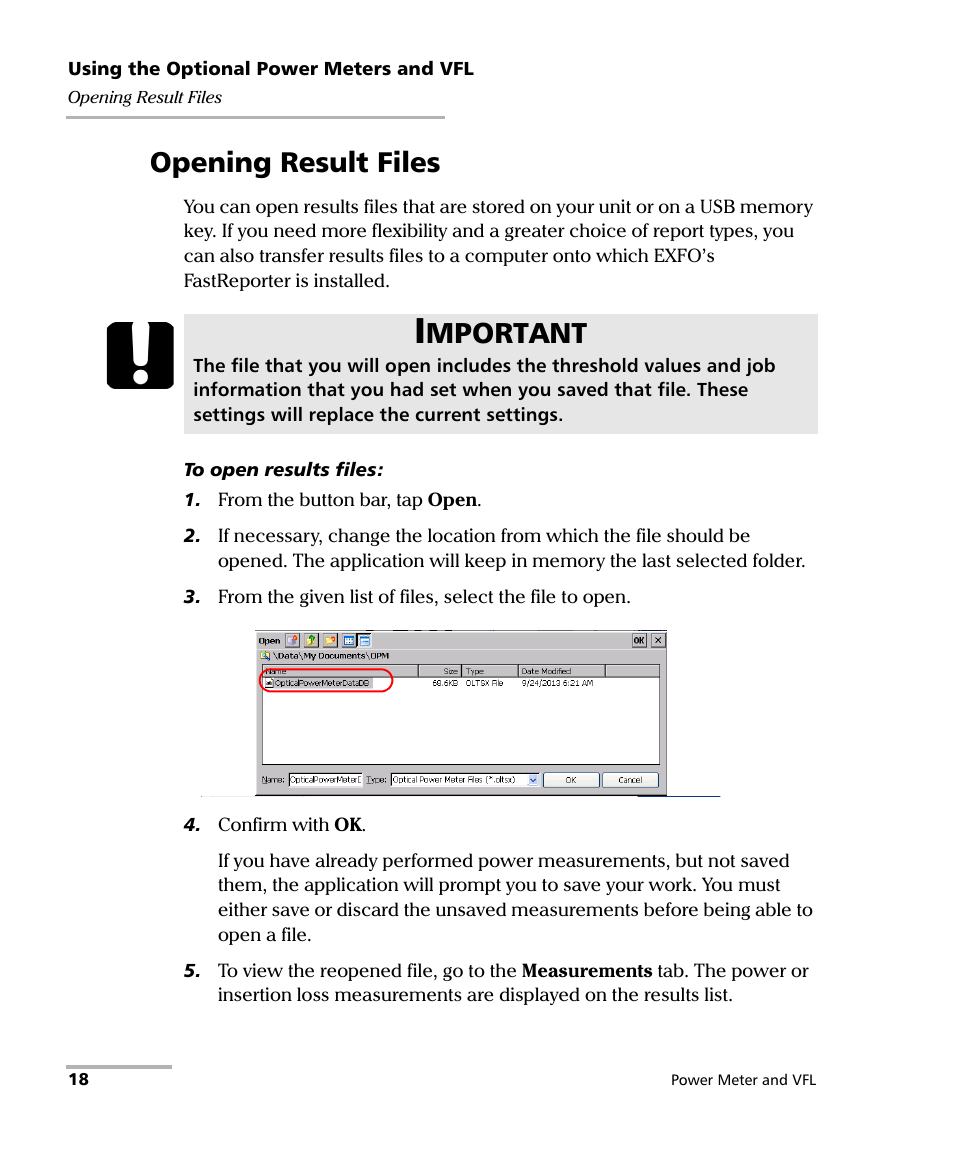 Opening result files, Mportant | EXFO Inline Power Meter User Manual | Page 22 / 43