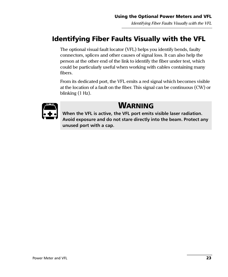 Identifying fiber faults visually with the vfl, Arning | EXFO Inline Power Meter User Manual | Page 27 / 43
