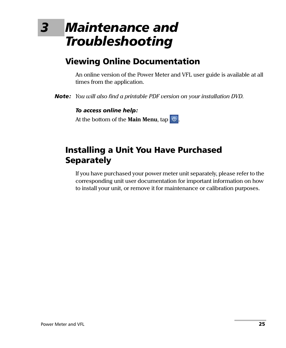 3 maintenance and troubleshooting, Viewing online documentation, Installing a unit you have purchased separately | 3maintenance and troubleshooting | EXFO Inline Power Meter User Manual | Page 29 / 43