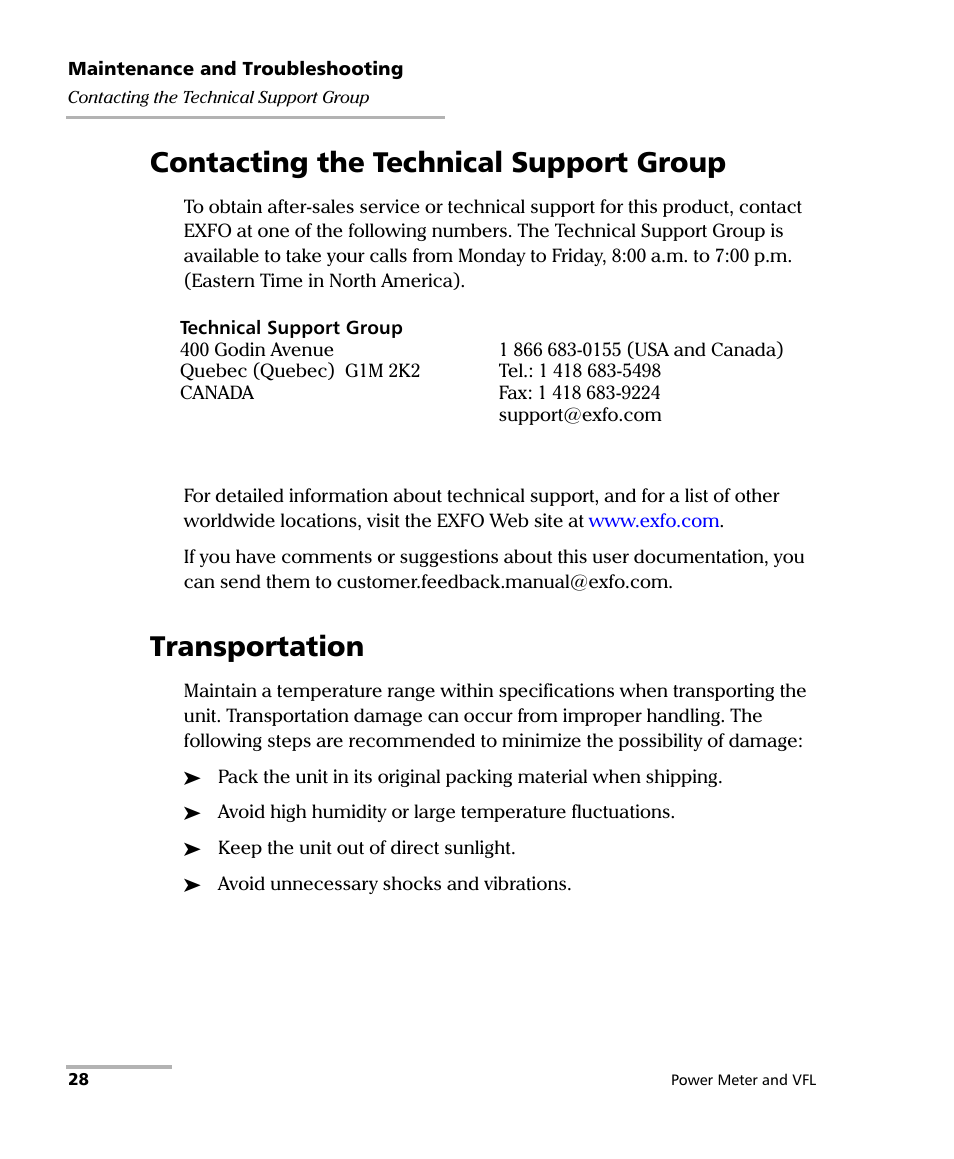 Contacting the technical support group, Transportation | EXFO Inline Power Meter User Manual | Page 32 / 43