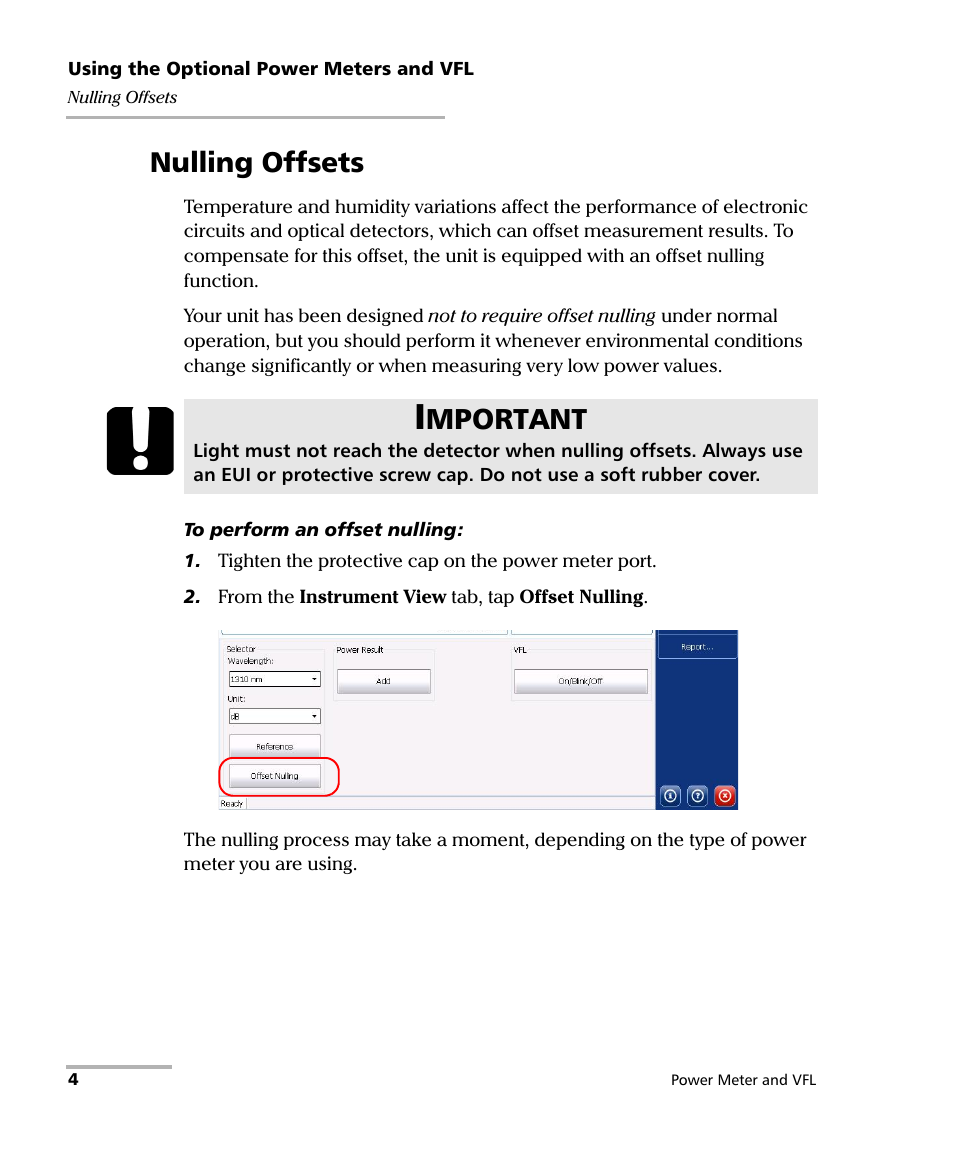 Nulling offsets, Mportant | EXFO Inline Power Meter User Manual | Page 8 / 43
