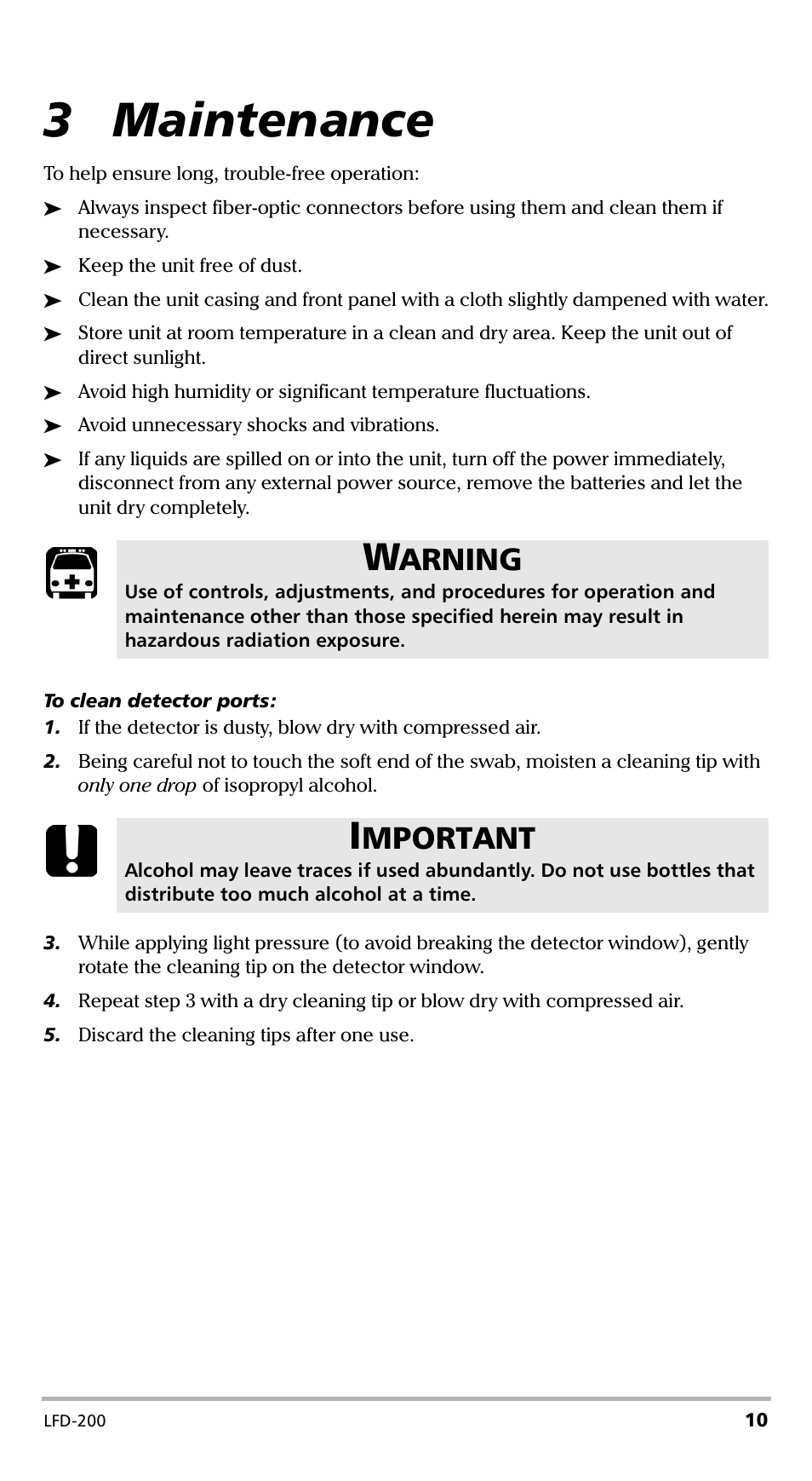 3 maintenance, Arning, Mportant | EXFO LFD-200 Live Fiber Detector User Manual | Page 15 / 25