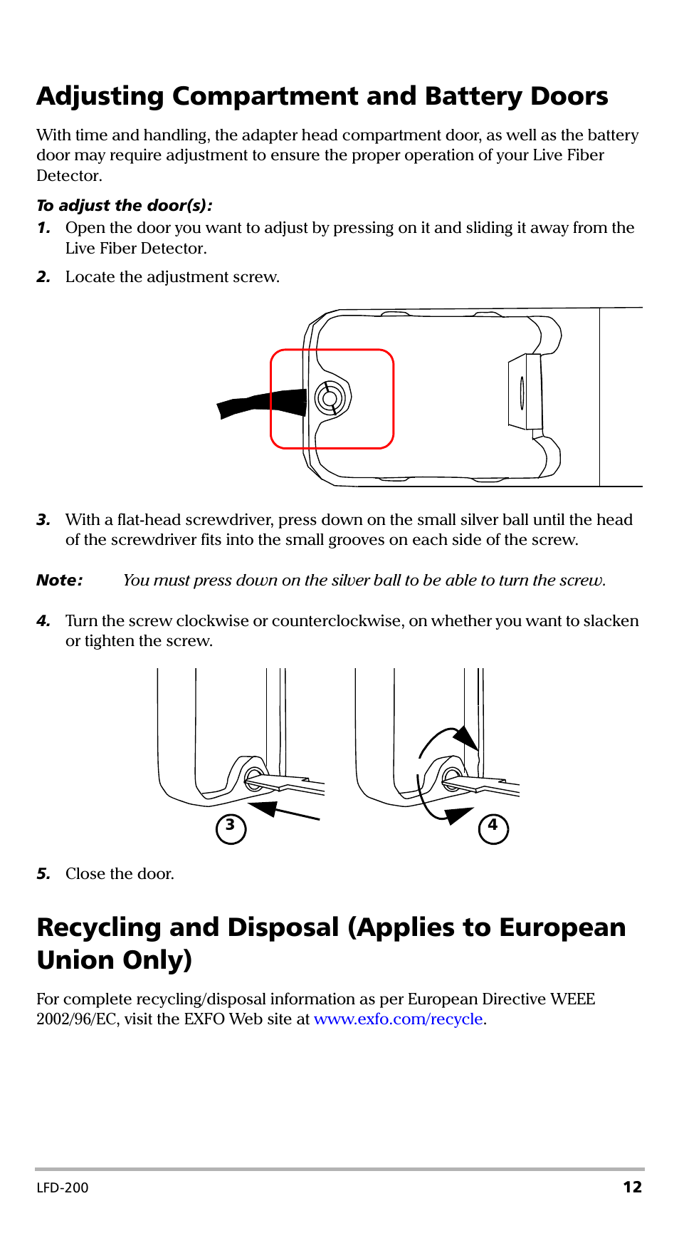 Adjusting compartment and battery doors | EXFO LFD-200 Live Fiber Detector User Manual | Page 17 / 25