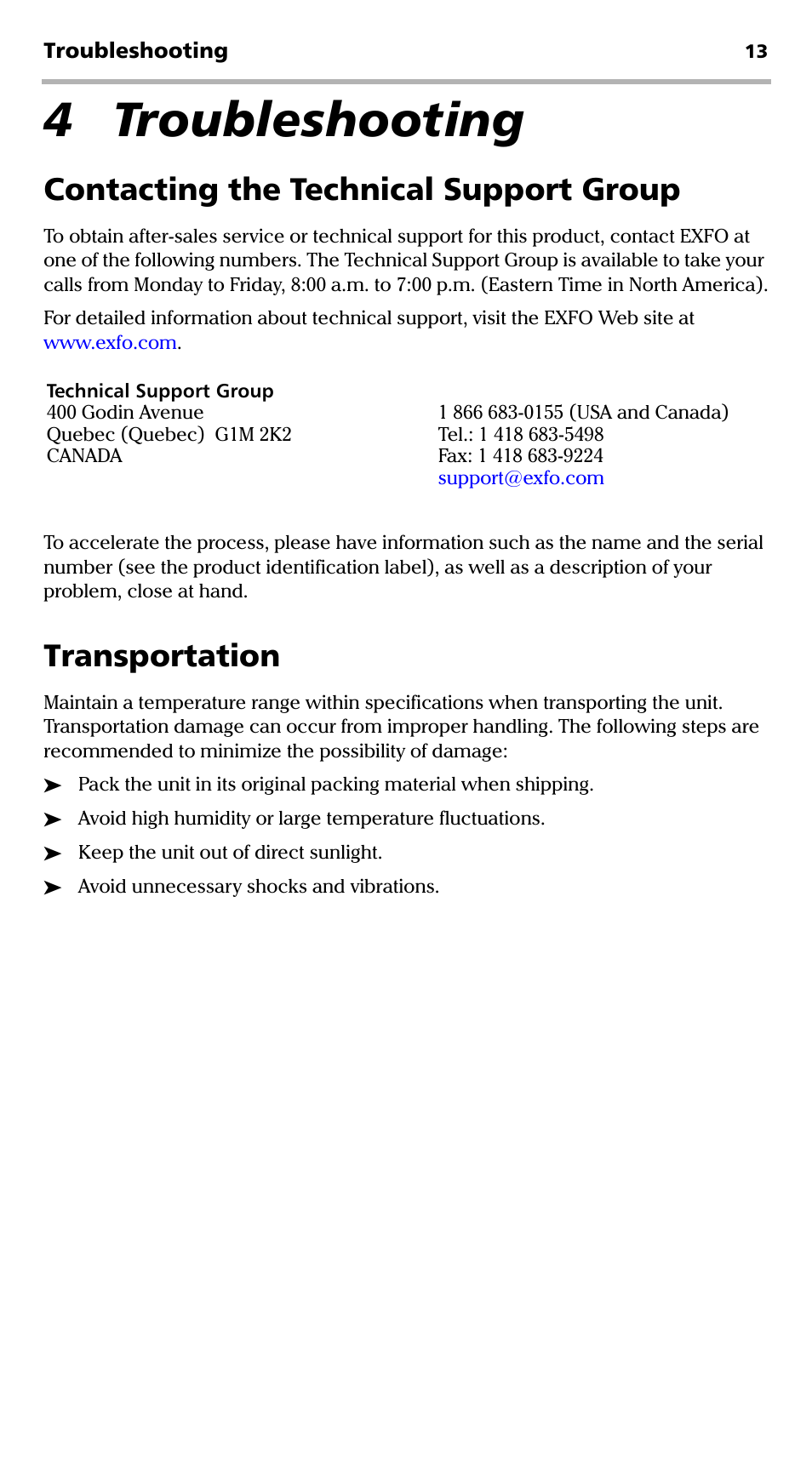 4 troubleshooting, Contacting the technical support group, Transportation | EXFO LFD-200 Live Fiber Detector User Manual | Page 18 / 25