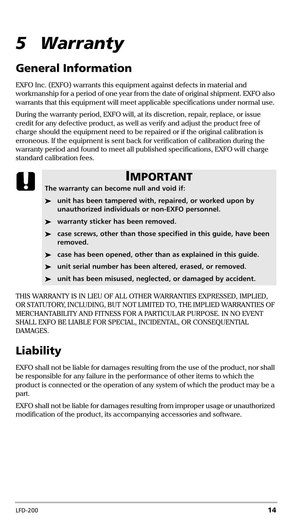 5 warranty, General information liability, General information | Liability, Mportant | EXFO LFD-200 Live Fiber Detector User Manual | Page 19 / 25
