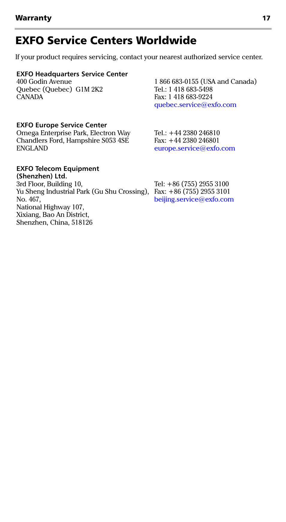 Exfo service centers worldwide | EXFO LFD-200 Live Fiber Detector User Manual | Page 22 / 25