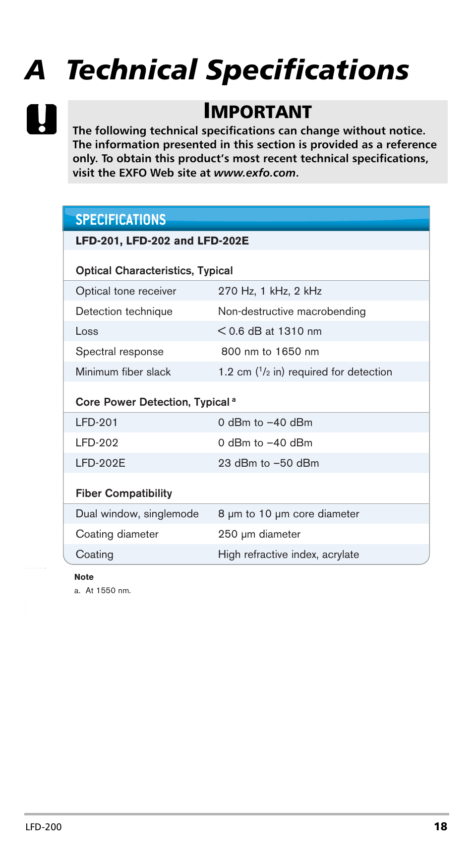 A technical specifications, Mportant, Specifications | EXFO LFD-200 Live Fiber Detector User Manual | Page 23 / 25