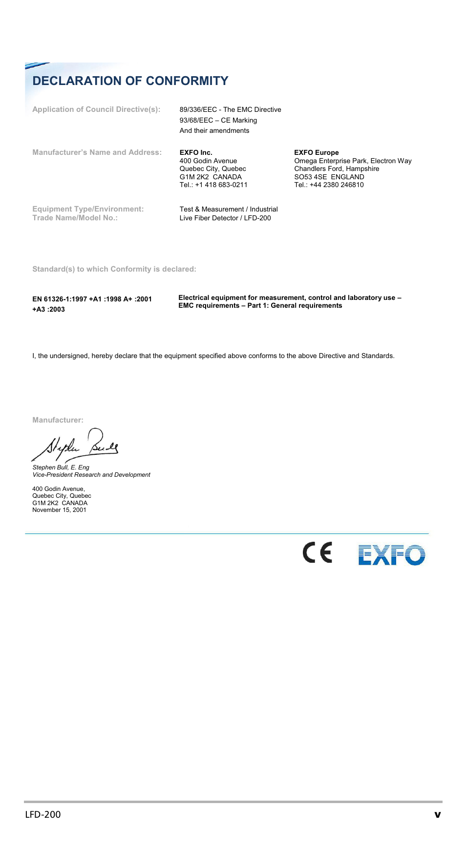 Declaration of conformity, Lfd-200 | EXFO LFD-200 Live Fiber Detector User Manual | Page 5 / 25