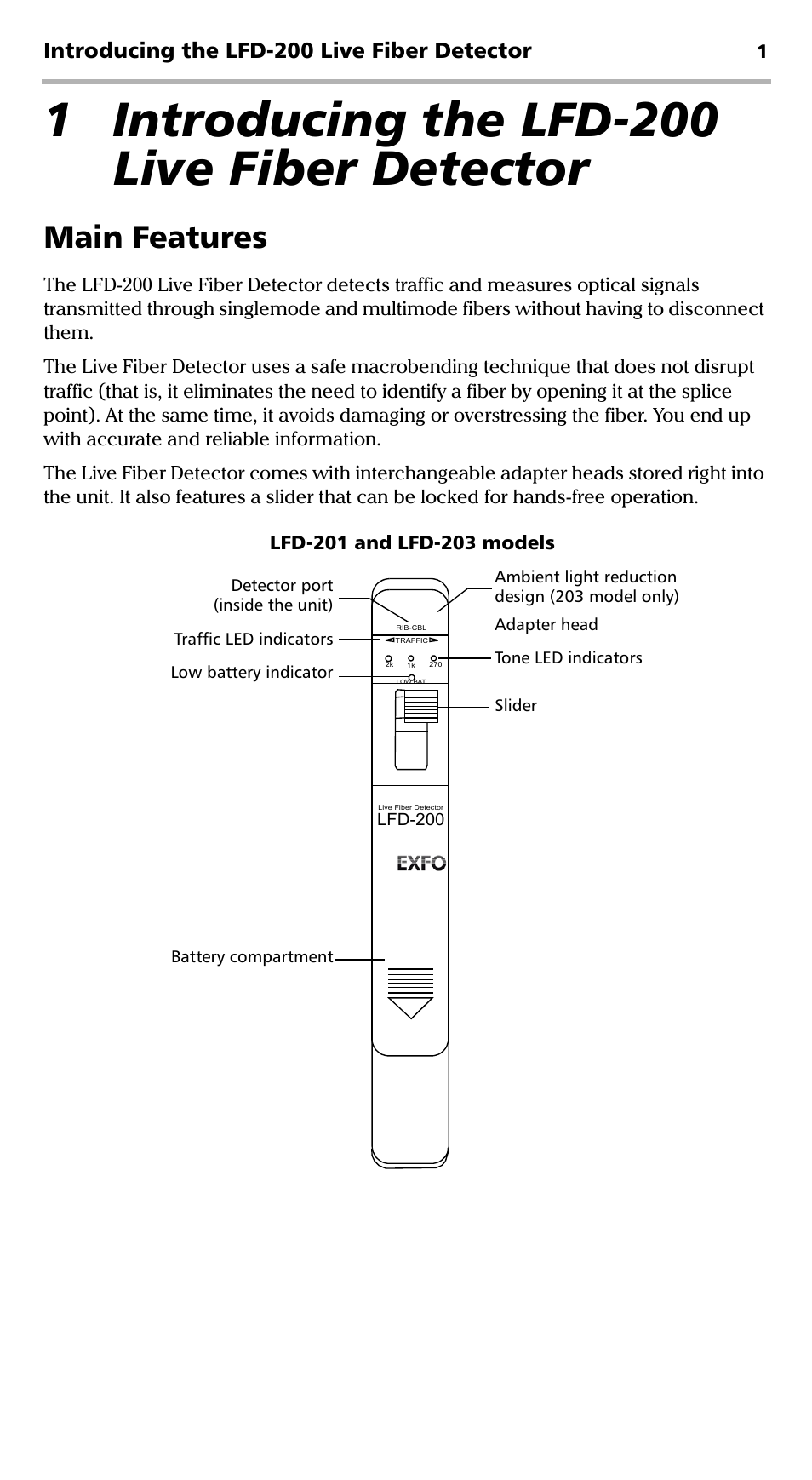 1 introducing the lfd-200 live fiber detector, Main features, Introducing the lfd-200 live fiber detector | EXFO LFD-200 Live Fiber Detector User Manual | Page 6 / 25
