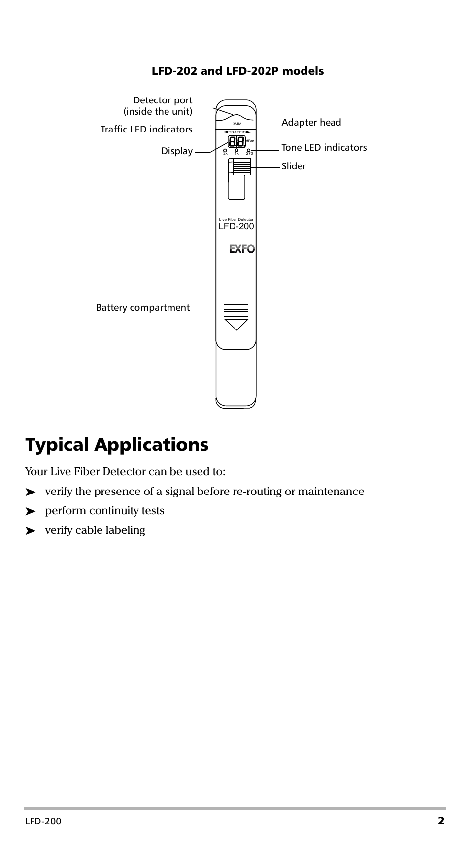 Typical applications, Your live fiber detector can be used to, Perform continuity tests | Verify cable labeling | EXFO LFD-200 Live Fiber Detector User Manual | Page 7 / 25