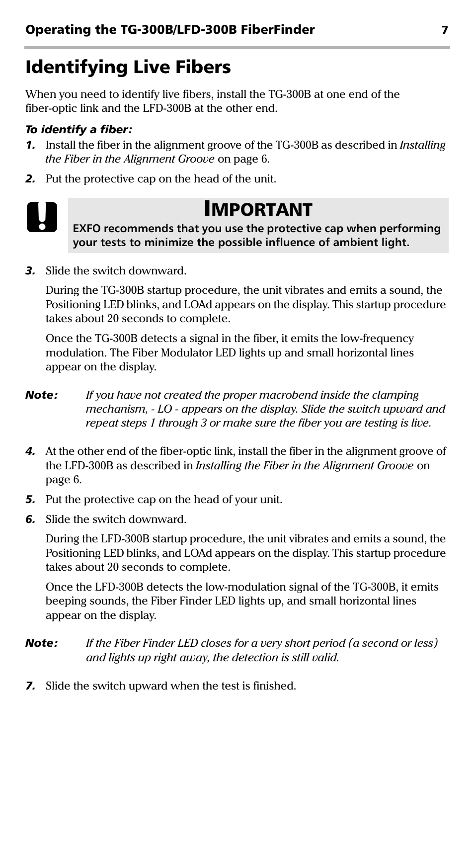Identifying live fibers, Mportant | EXFO TG-300B Tone Generator User Manual | Page 12 / 27