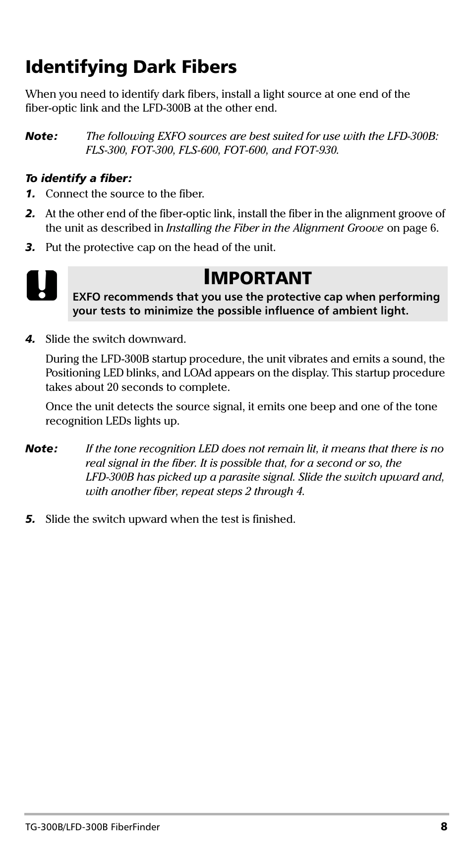 Identifying dark fibers, Mportant | EXFO TG-300B Tone Generator User Manual | Page 13 / 27