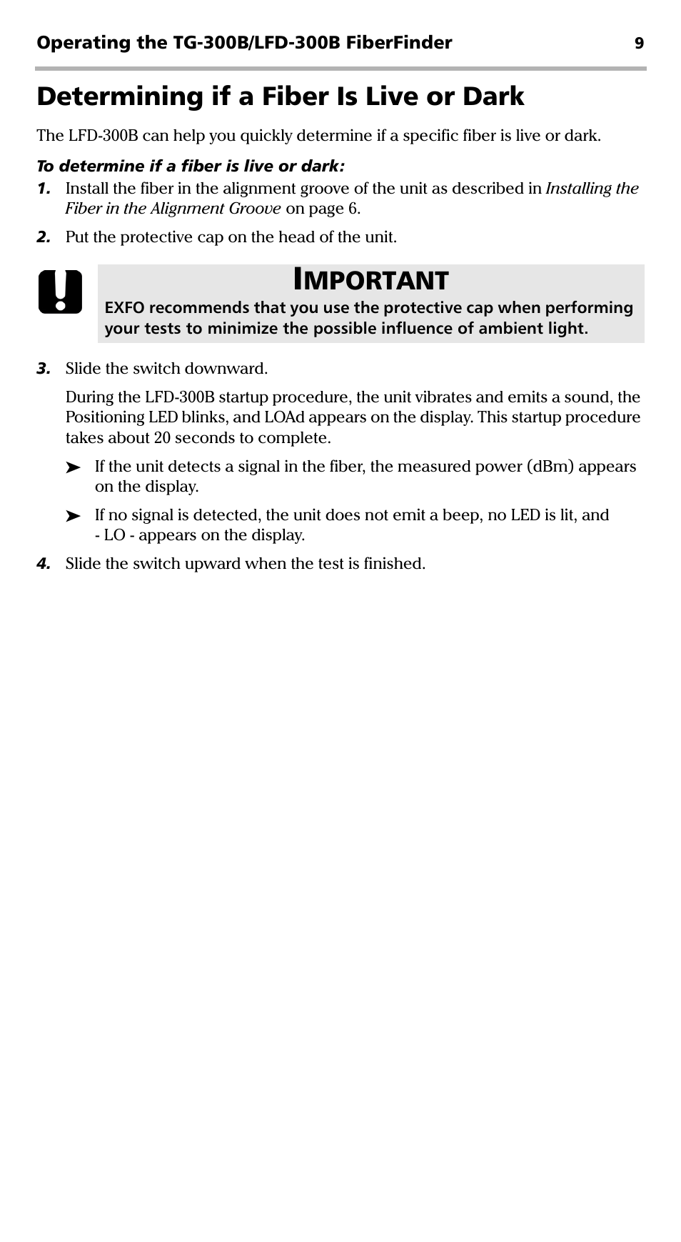 Determining if a fiber is live or dark, Mportant | EXFO TG-300B Tone Generator User Manual | Page 14 / 27