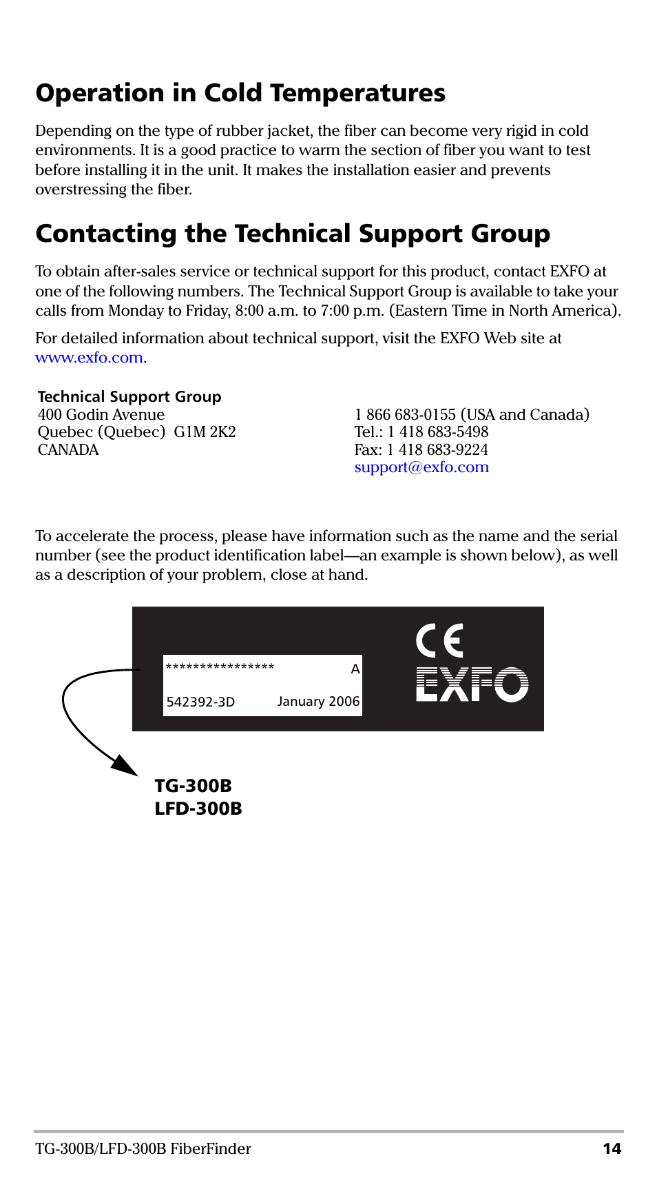 Operation in cold temperatures, Contacting the technical support group | EXFO TG-300B Tone Generator User Manual | Page 19 / 27