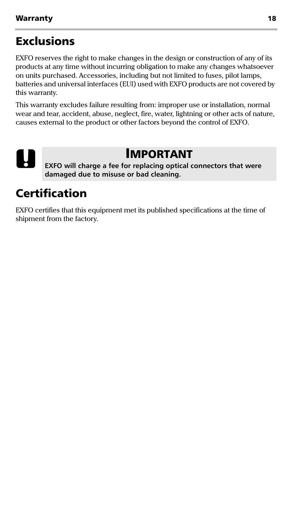 Exclusions, Certification, Exclusions certification | Mportant | EXFO TG-300B Tone Generator User Manual | Page 22 / 27