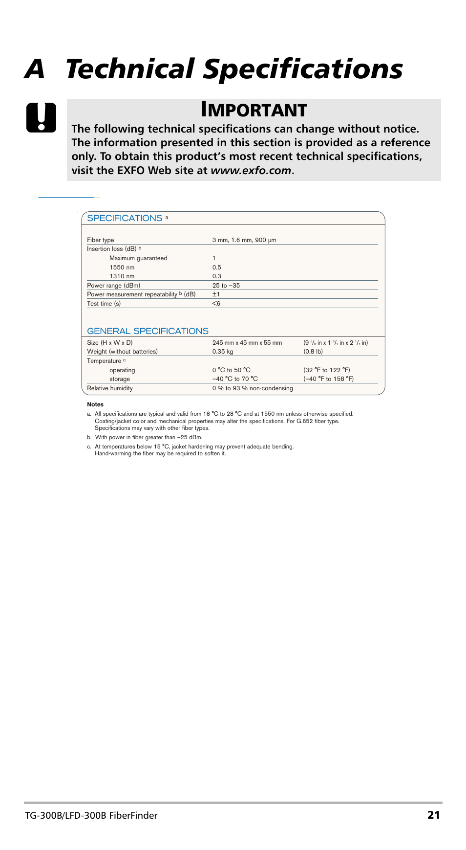 A technical specifications, Mportant | EXFO TG-300B Tone Generator User Manual | Page 25 / 27