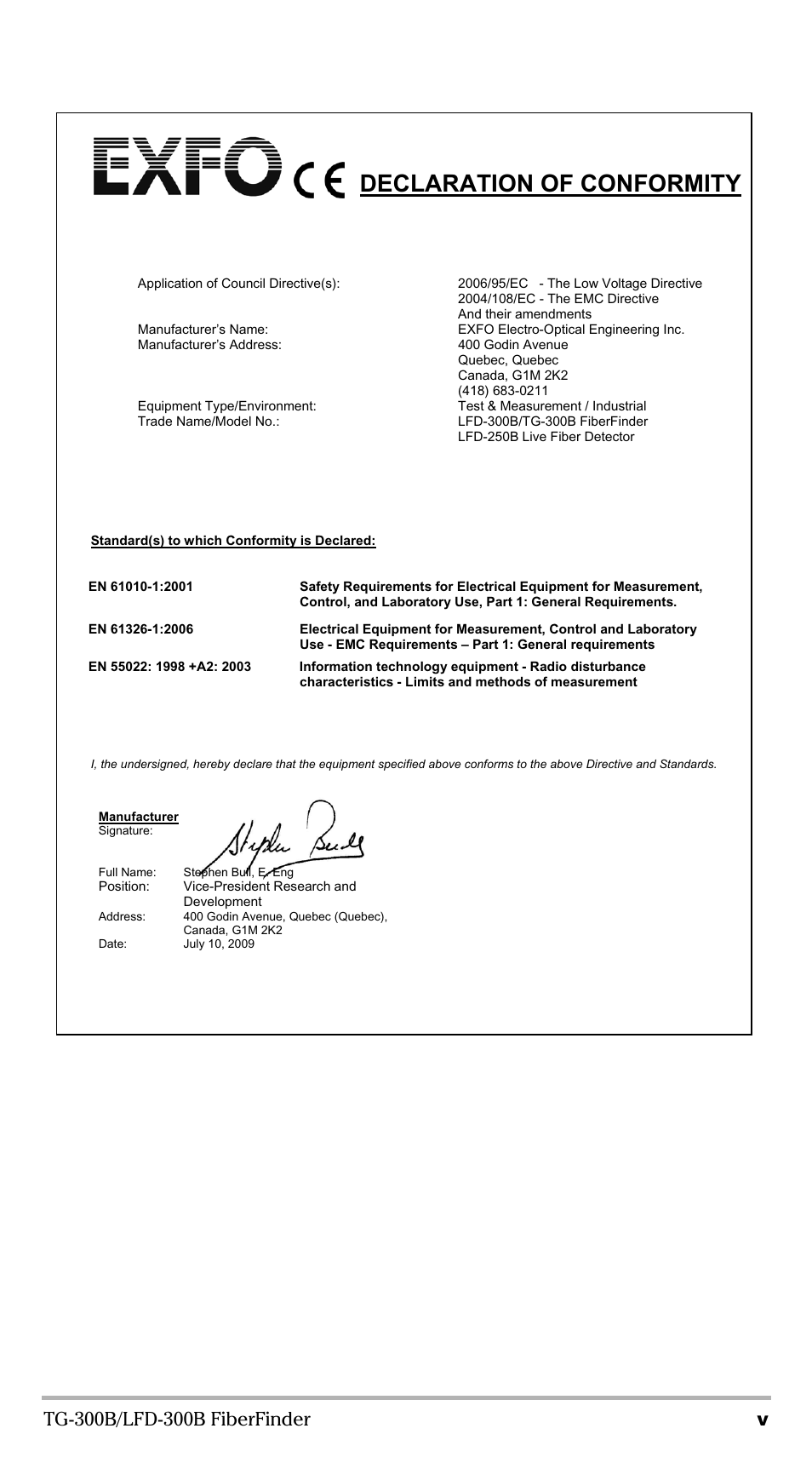 Declaration of conformity | EXFO TG-300B Tone Generator User Manual | Page 5 / 27