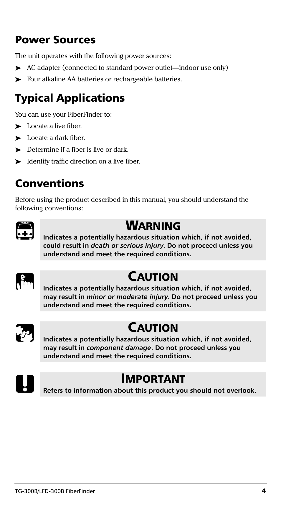 Power sources, Typical applications, Conventions | Power sources typical applications conventions, Arning, Aution, Mportant | EXFO TG-300B Tone Generator User Manual | Page 9 / 27