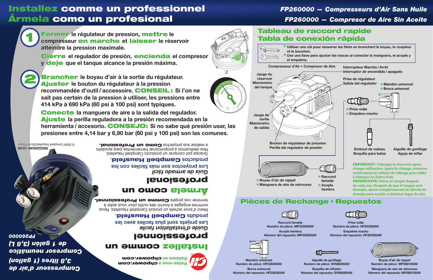 Installez comme un professionnel, Ármela como un profesional, Guide d’installation facile | Guía de armado fácil | Campbell Hausfeld FP260000 User Manual | Page 2 / 2