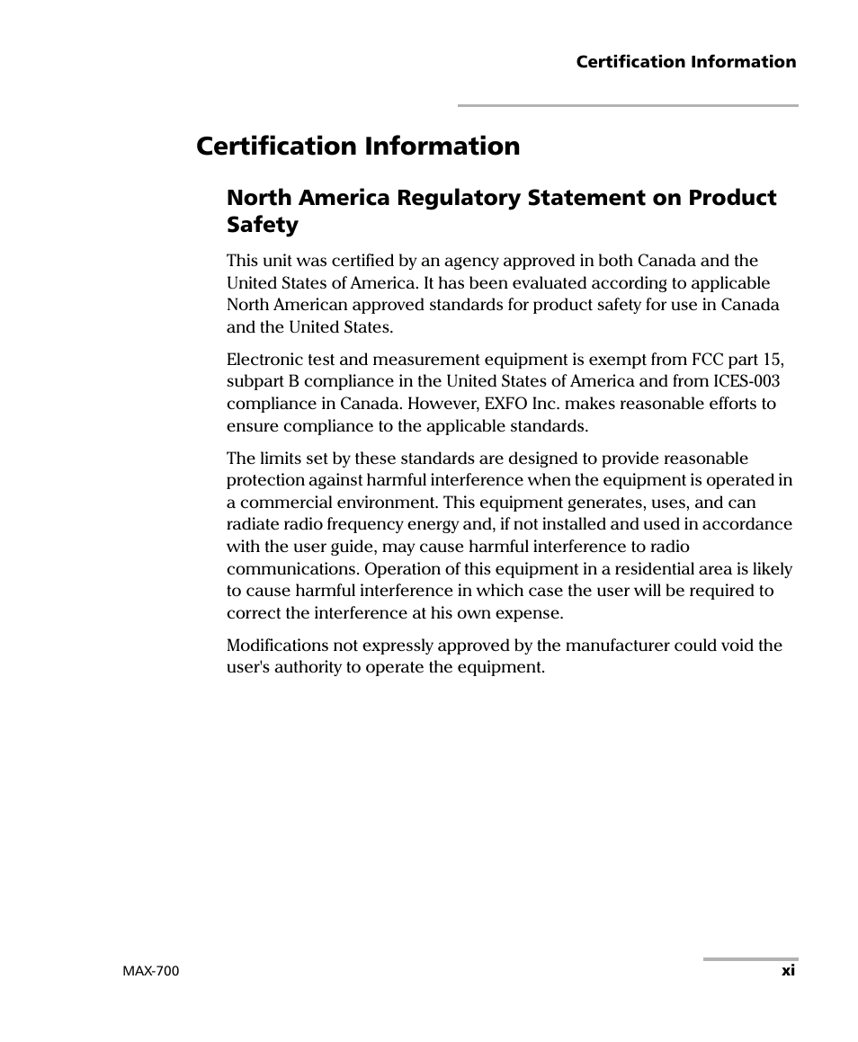 Certification information | EXFO MAX-700 User Manual | Page 11 / 381