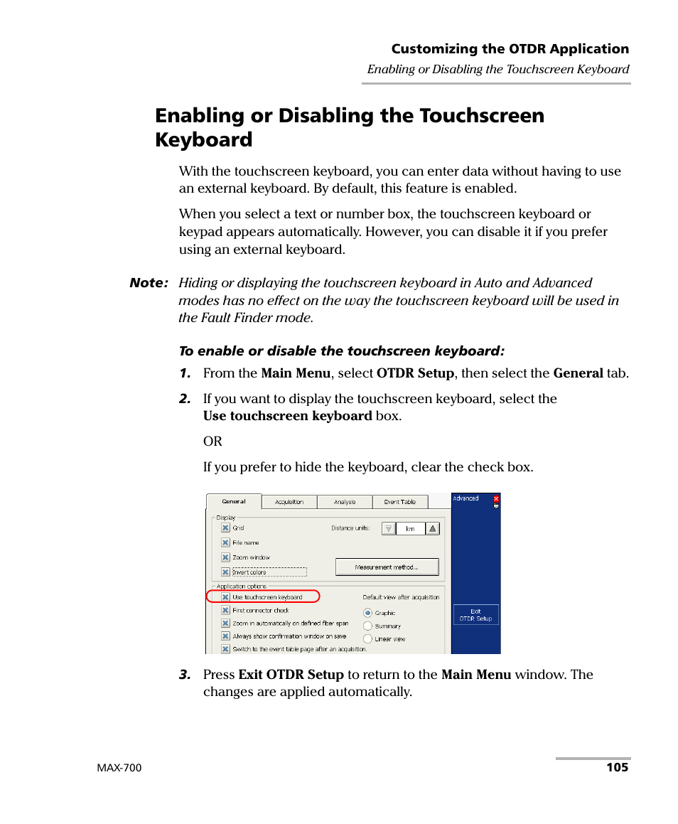 Enabling or disabling the touchscreen keyboard | EXFO MAX-700 User Manual | Page 117 / 381