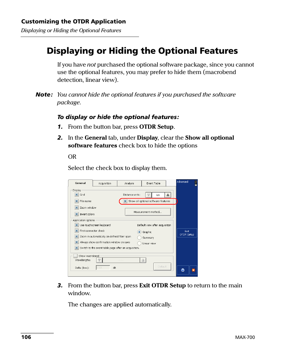 Displaying or hiding the optional features | EXFO MAX-700 User Manual | Page 118 / 381