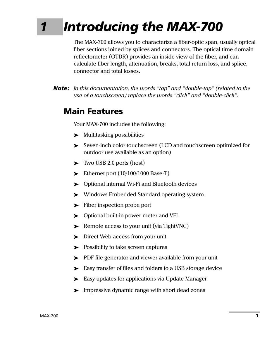 1 introducing the max-700, Main features, 1introducing the max-700 | EXFO MAX-700 User Manual | Page 13 / 381