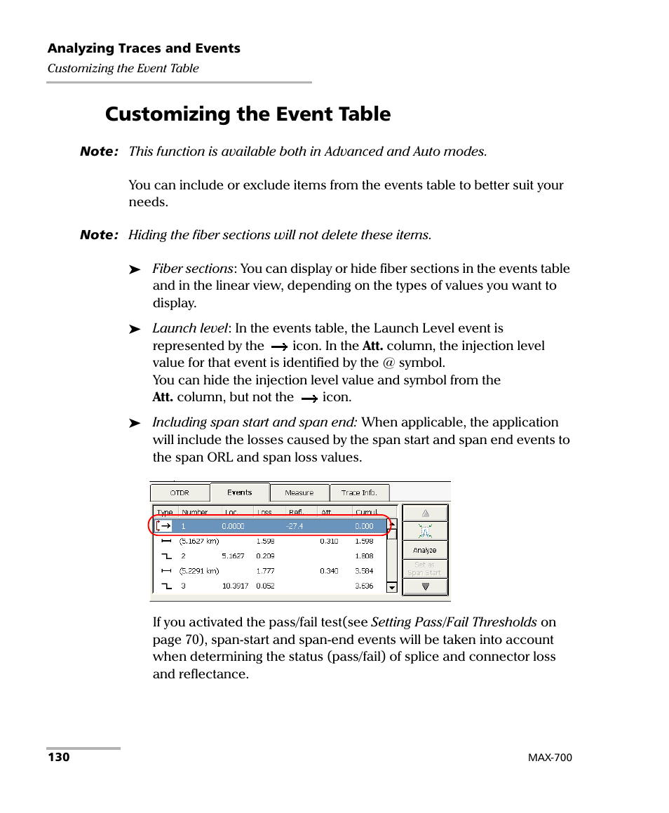 Customizing the event table | EXFO MAX-700 User Manual | Page 142 / 381