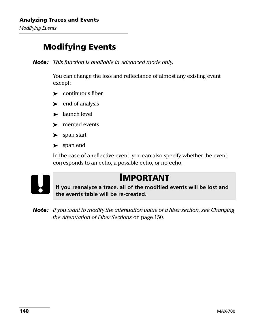 Modifying events, Mportant | EXFO MAX-700 User Manual | Page 152 / 381