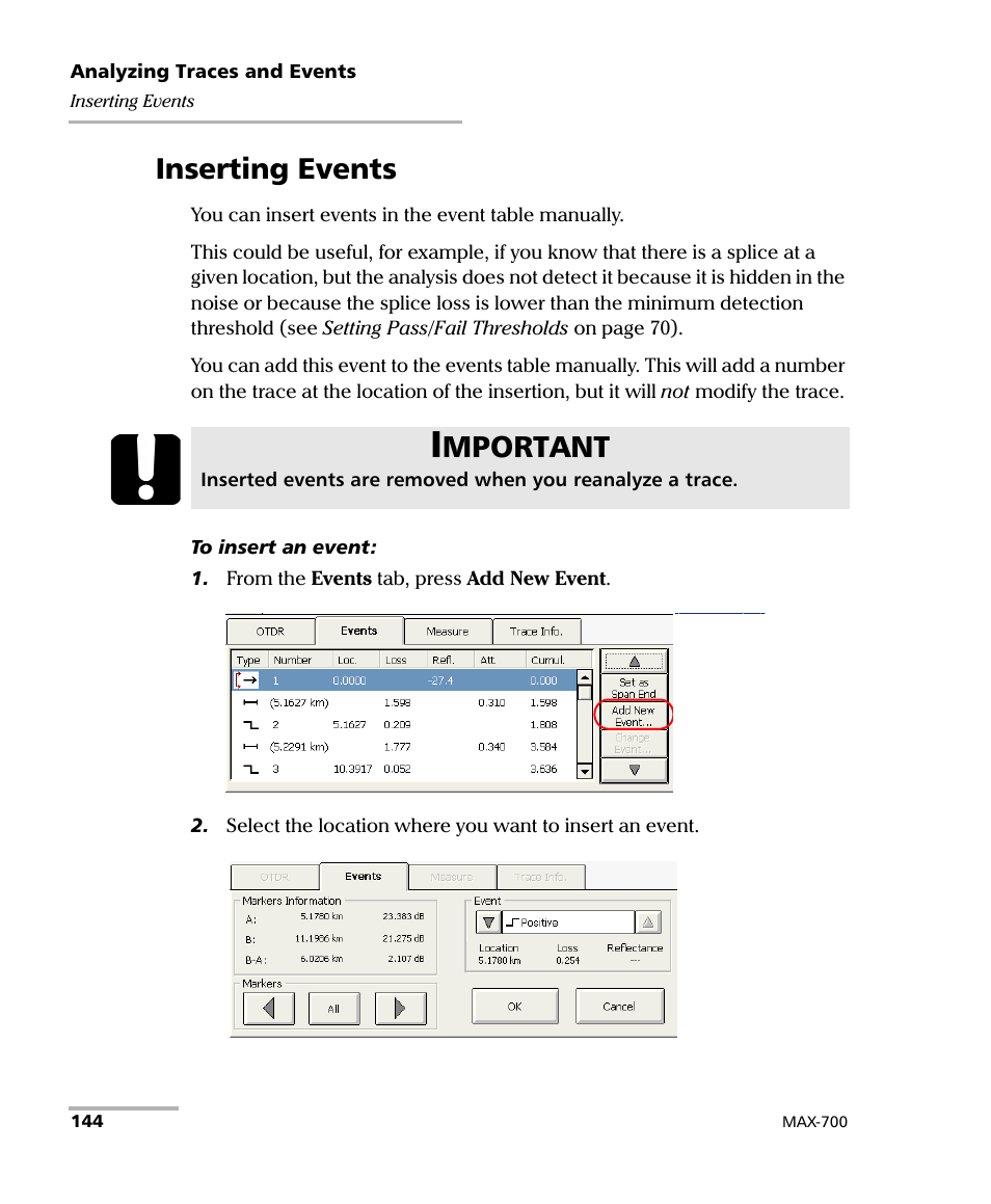 Inserting events, Mportant | EXFO MAX-700 User Manual | Page 156 / 381