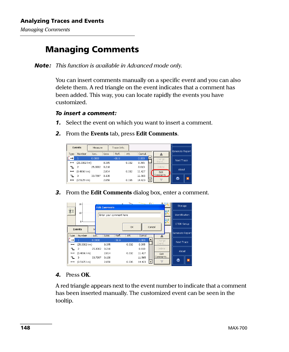 Managing comments | EXFO MAX-700 User Manual | Page 160 / 381