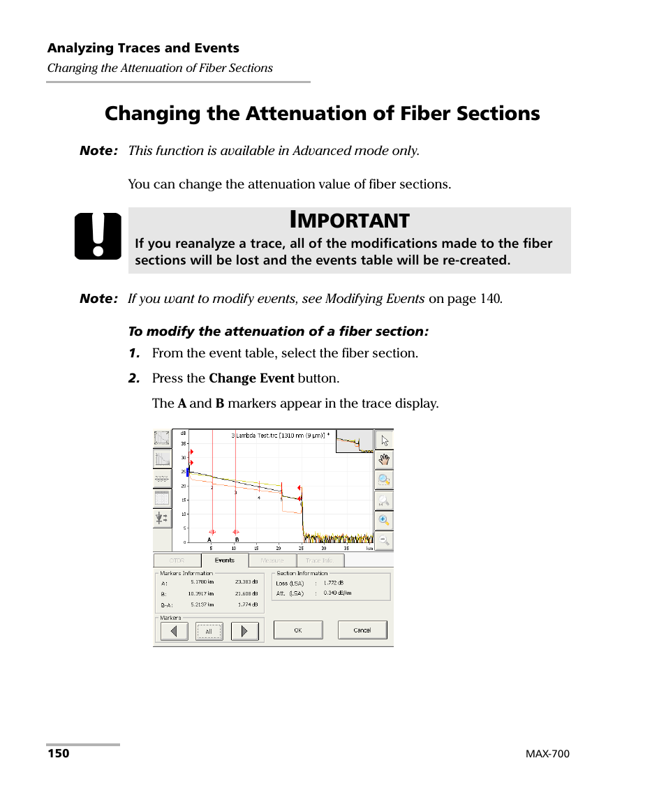 Changing the attenuation of fiber sections, Mportant | EXFO MAX-700 User Manual | Page 162 / 381