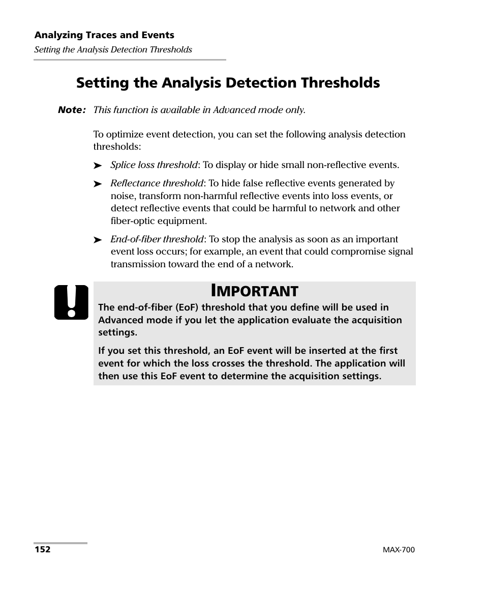 Setting the analysis detection thresholds, Mportant | EXFO MAX-700 User Manual | Page 164 / 381