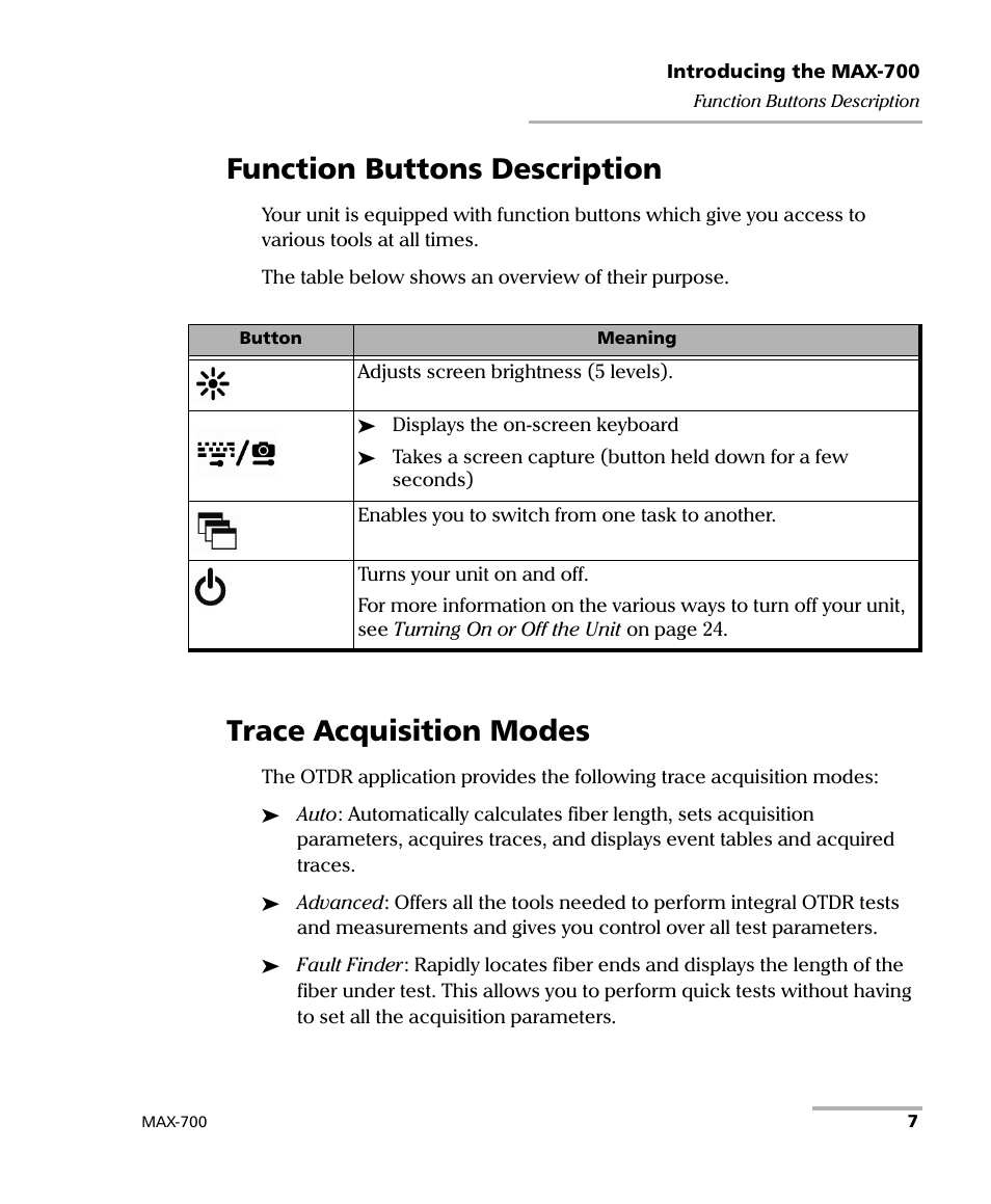 Function buttons description, Trace acquisition modes | EXFO MAX-700 User Manual | Page 19 / 381