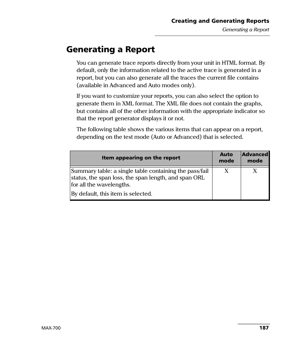 Generating a report | EXFO MAX-700 User Manual | Page 199 / 381