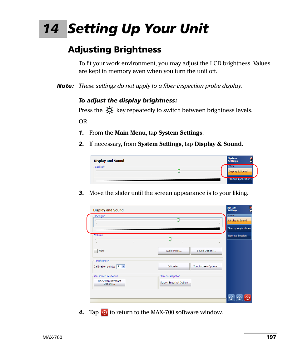 14 setting up your unit, Adjusting brightness | EXFO MAX-700 User Manual | Page 209 / 381