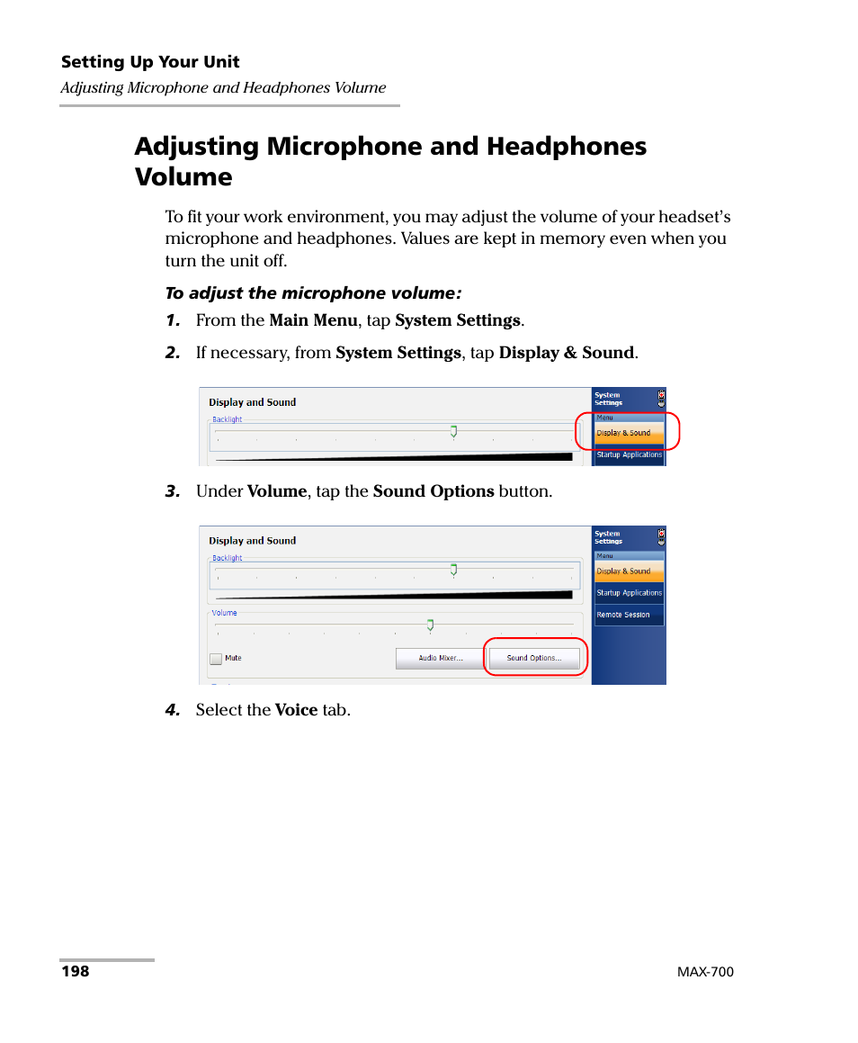 Adjusting microphone and headphones volume | EXFO MAX-700 User Manual | Page 210 / 381