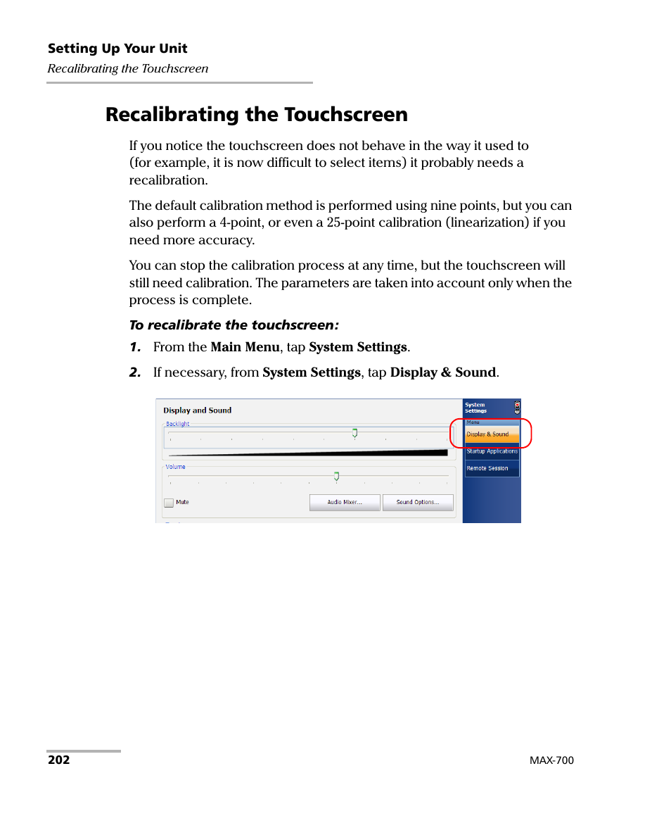 Recalibrating the touchscreen | EXFO MAX-700 User Manual | Page 214 / 381