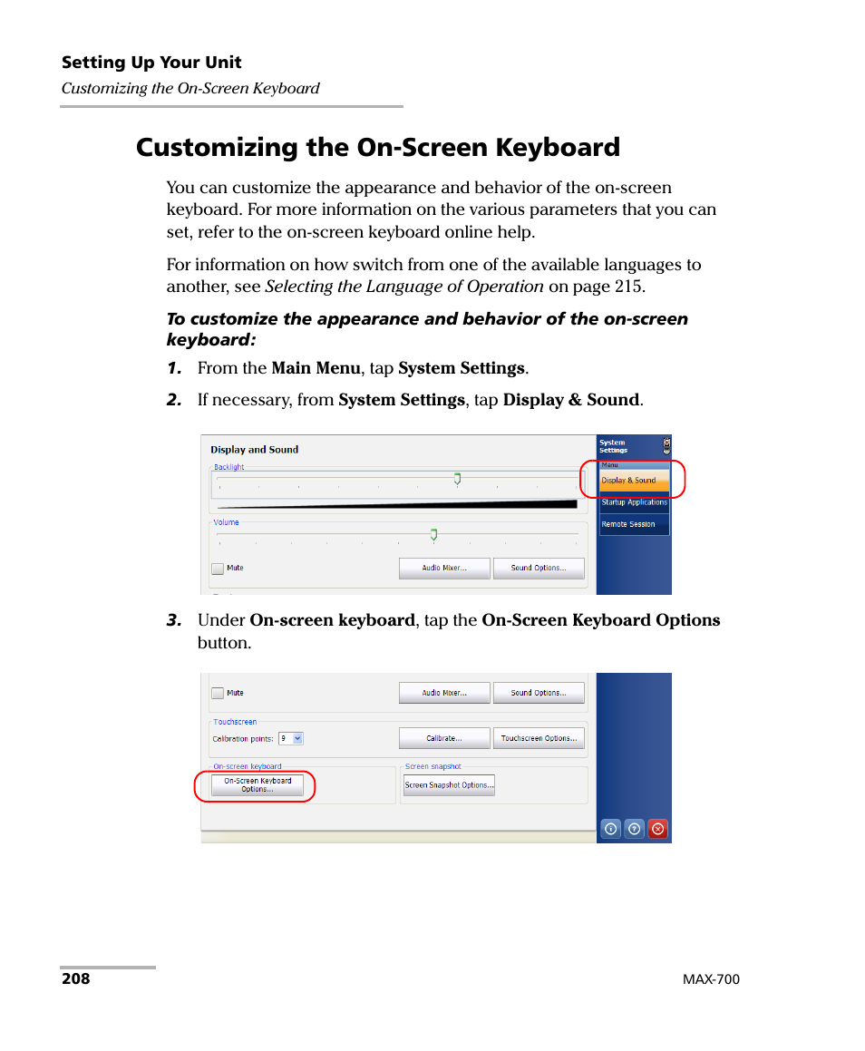 Customizing the on-screen keyboard | EXFO MAX-700 User Manual | Page 220 / 381