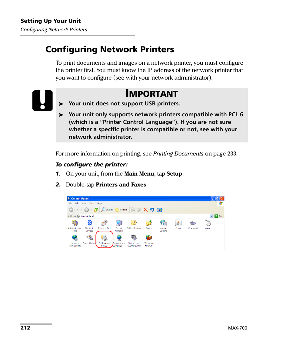 Configuring network printers, Mportant | EXFO MAX-700 User Manual | Page 224 / 381