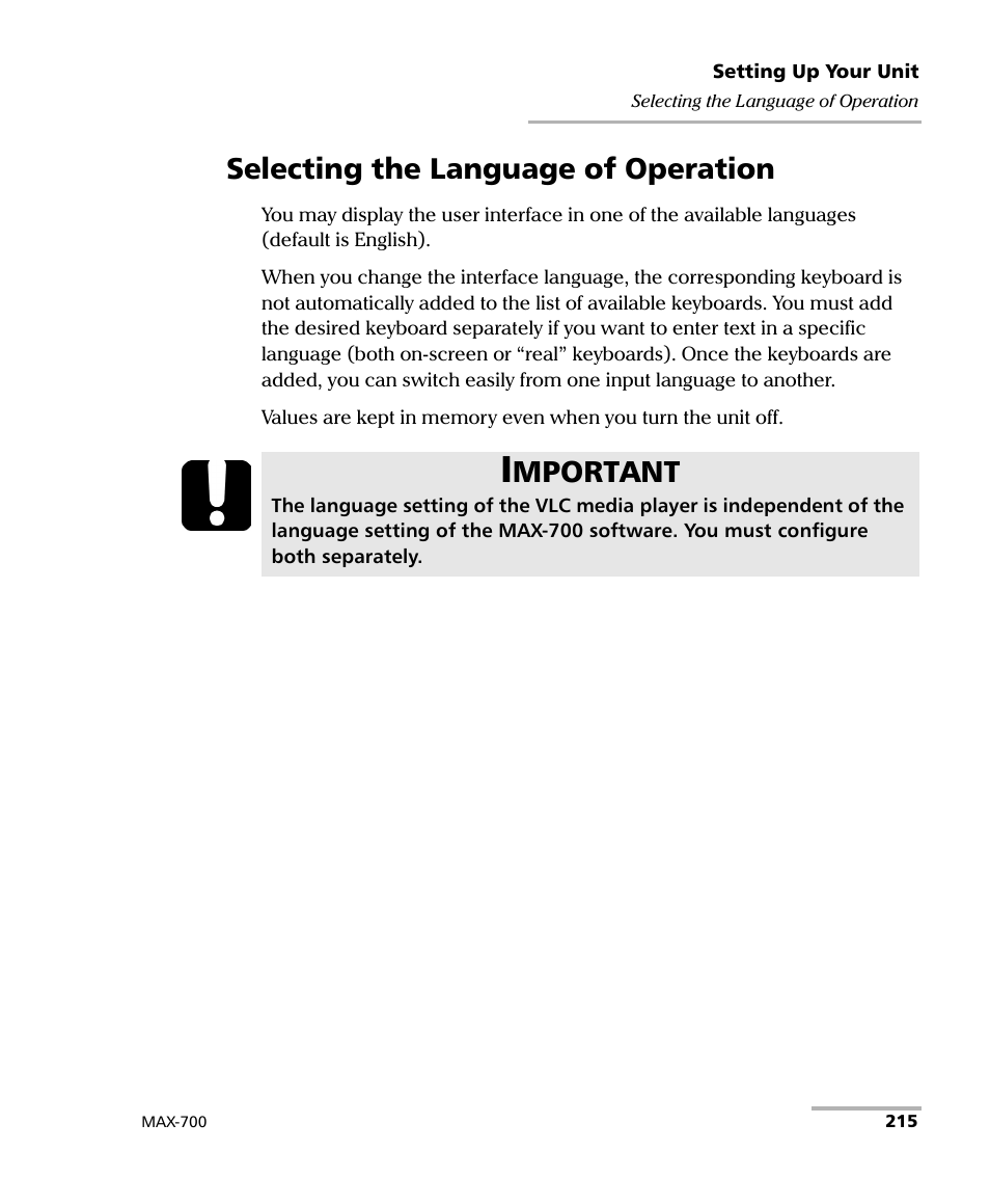 Selecting the language of operation, Mportant | EXFO MAX-700 User Manual | Page 227 / 381