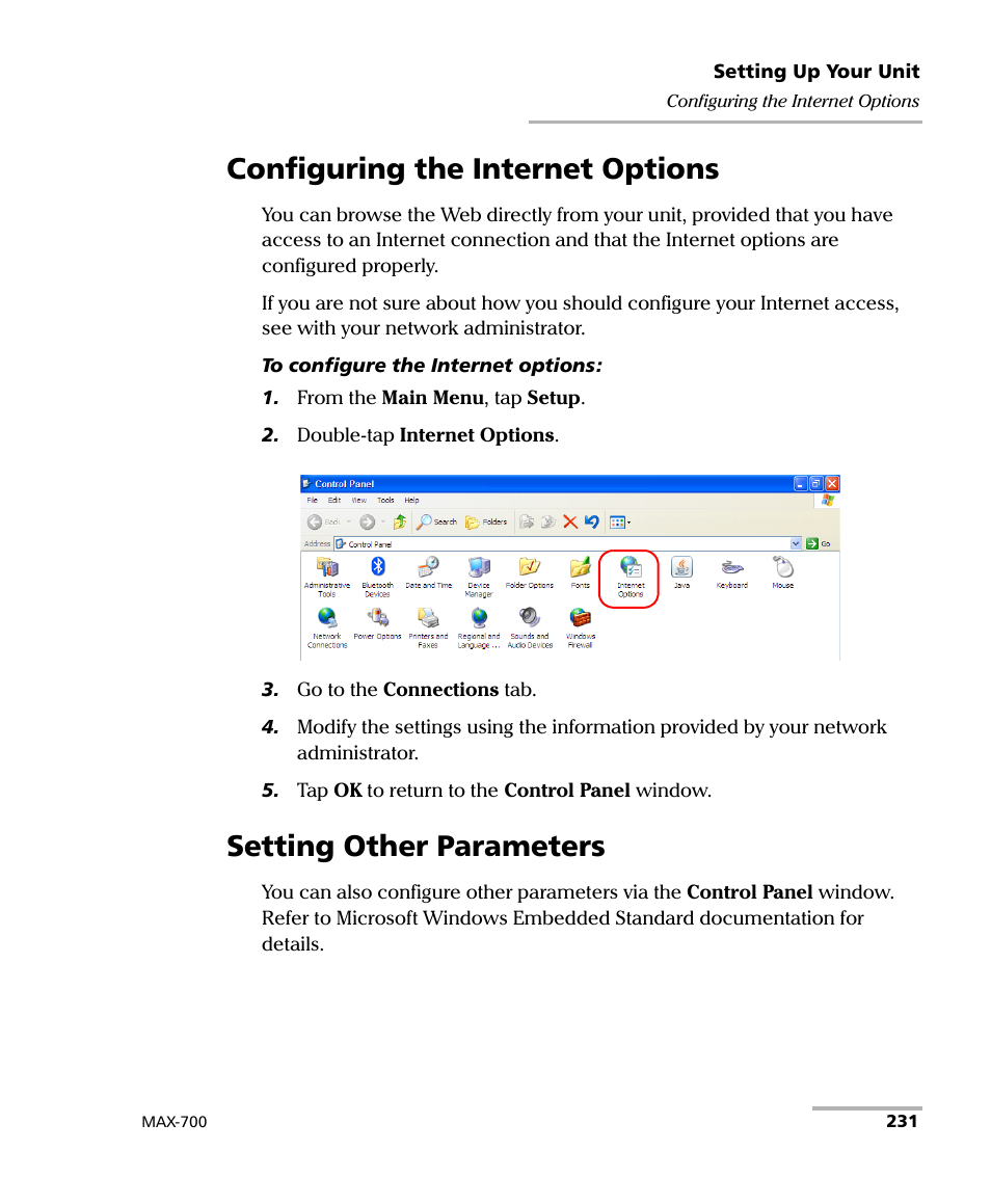 Configuring the internet options, Setting other parameters | EXFO MAX-700 User Manual | Page 243 / 381