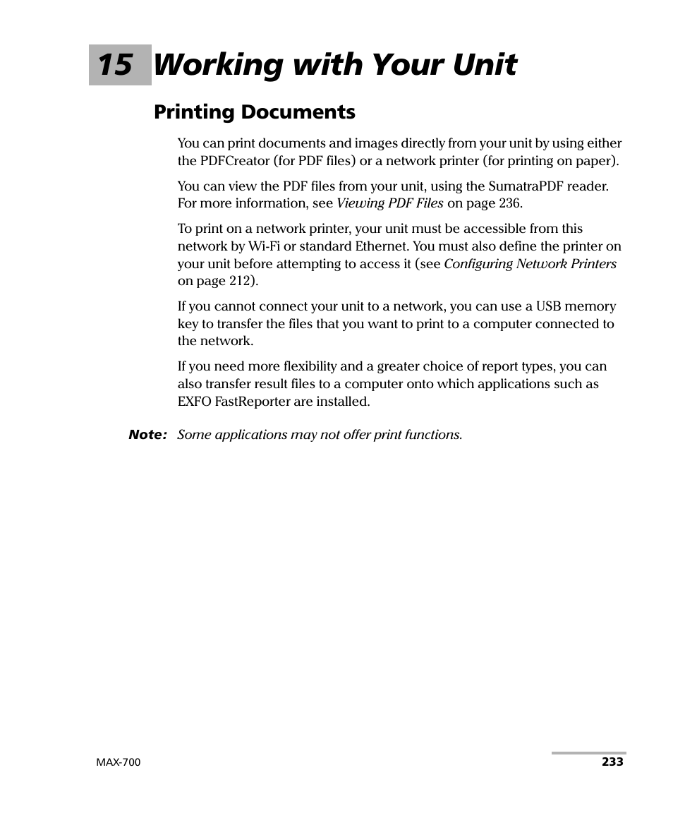 15 working with your unit, Printing documents | EXFO MAX-700 User Manual | Page 245 / 381